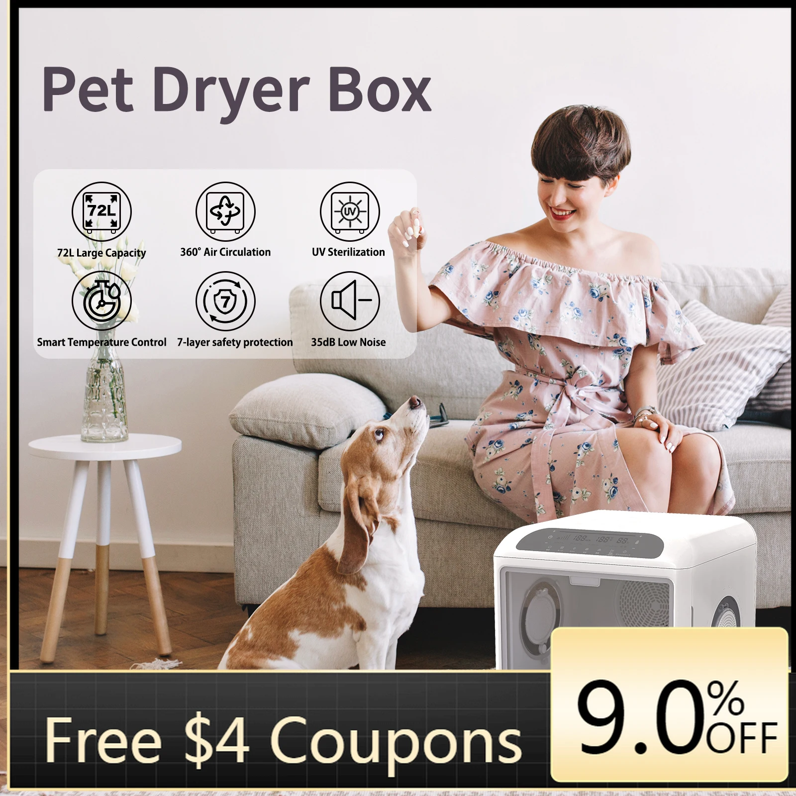 

GlowMart Touch Screen Quiet 72L UV Negative Ions Temperature Control Drying Pet Fur Dryer Box for Cat Small Dog Automatic Pet H