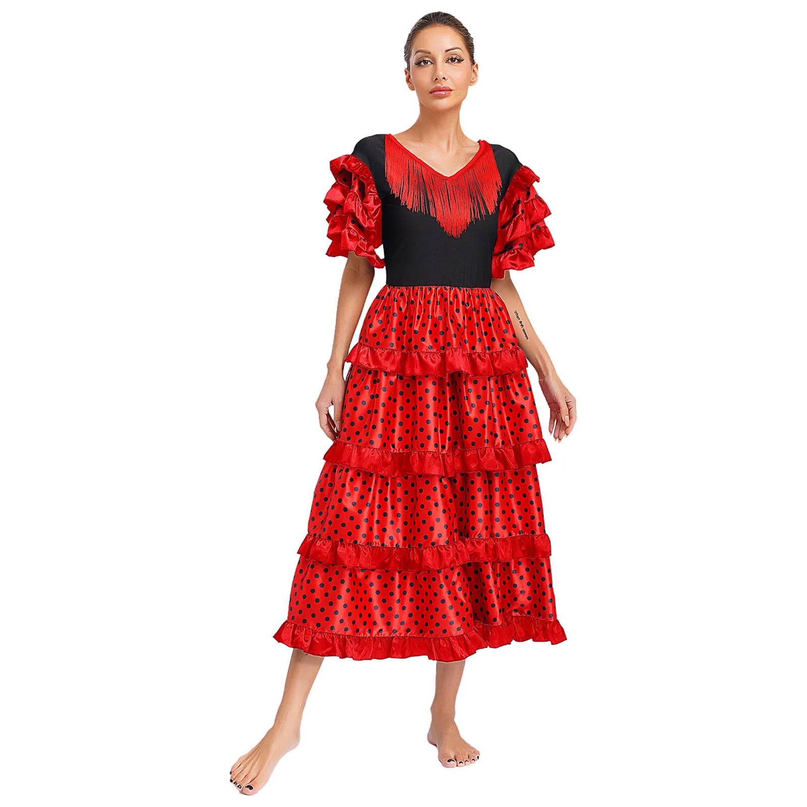 Frauen Flamenco Dance Performance Kostüm Quasten Kurzarm Tiered Rüschen Farbe Block Punkte Kleid Bühne Walzer Ballsaal Kleid