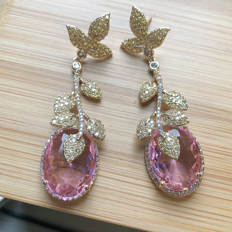 Bilincolor Fashion Golden Leaf and Pink Cubic Zircon Vintage Luxury Drop Earring for Women Wedding Jewelry