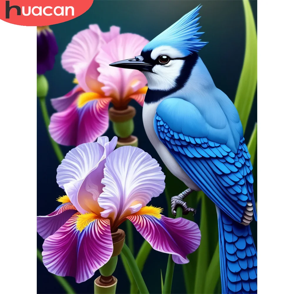 Huacan Vibrant Blue Jay und Iris Diamant-Malerei-Set mit hochwertigen funkelnden Kristallen, elegante Kunst-Diamant-Stickerei