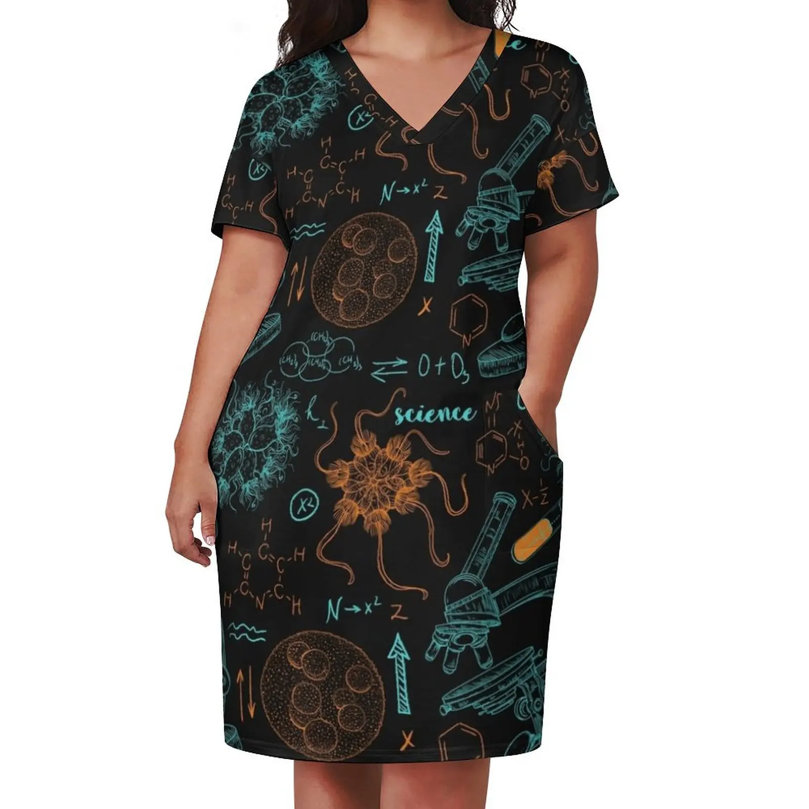 Vintage seamless pattern old chemistry laboratory with microscope, tubes, formulas, microbes and viruses. Loose Pocket Dress