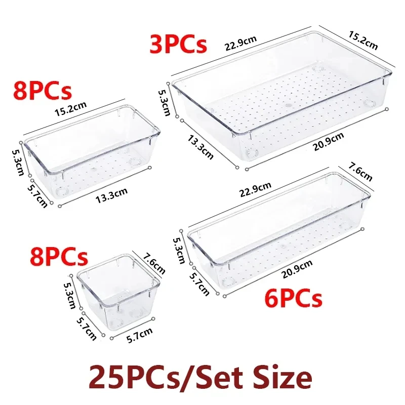 Juego de organizadores de plástico para cajón de escritorio, organizador de maquillaje, transparente, contenedor, utensilios de cocina, 13/25 piezas