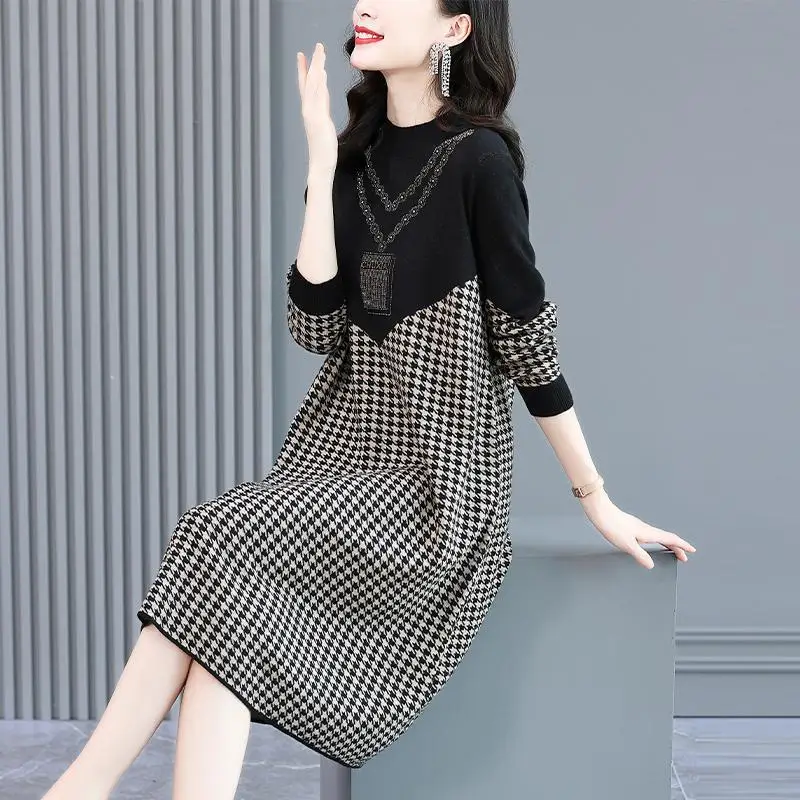 Elegant Stand Collar Diamonds Spliced Houndstooth Midi Dress Women's Clothing 2023 Autumn Winter Loose All-match Ladies Dresses