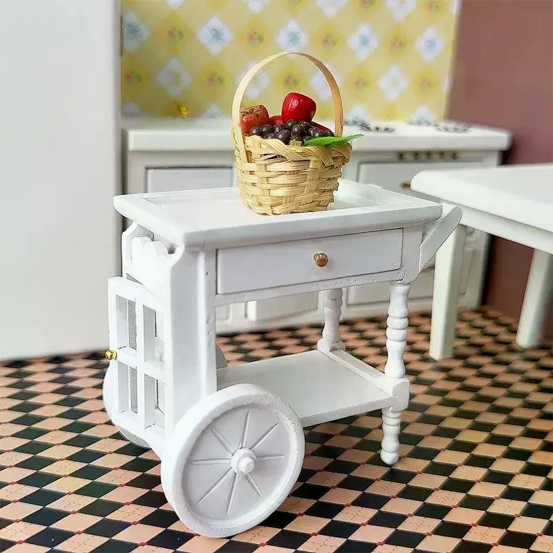 1Pcs 1: 12 Dollhouse White Wooden Meal Driver Cart Model Funiture Accessories For Doll House Decor Kids Pretend Play Toys Gift