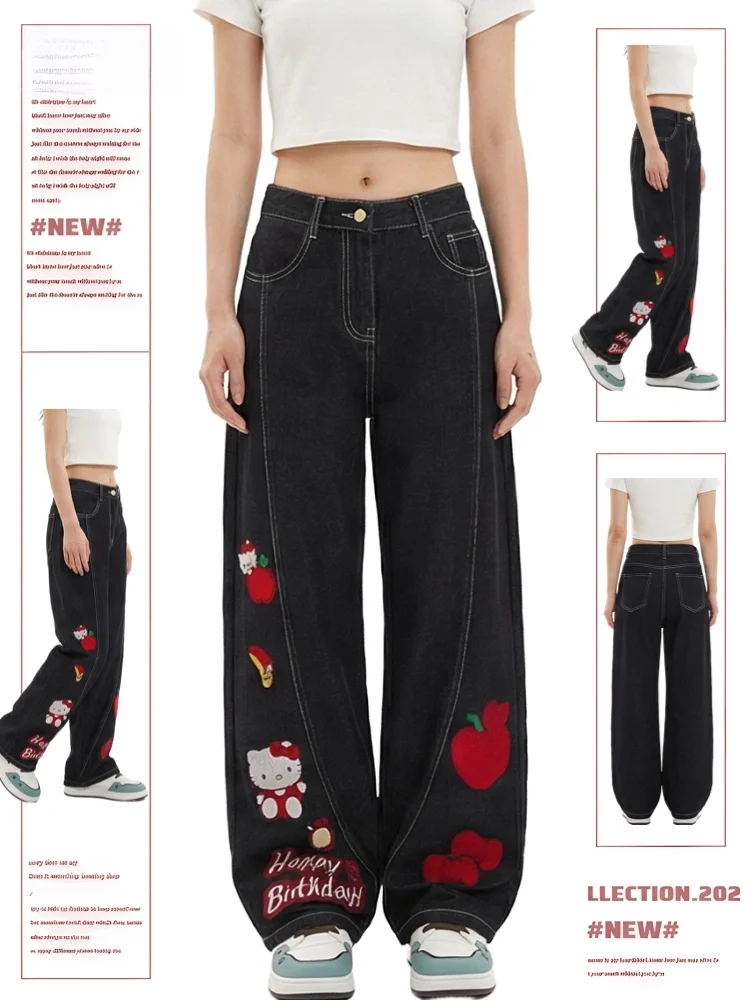 

Bla Denim Pants Women's Spring Autumn American Retro Kit Embroidery Fun Cool Loose Wide Leg Knife Jeans