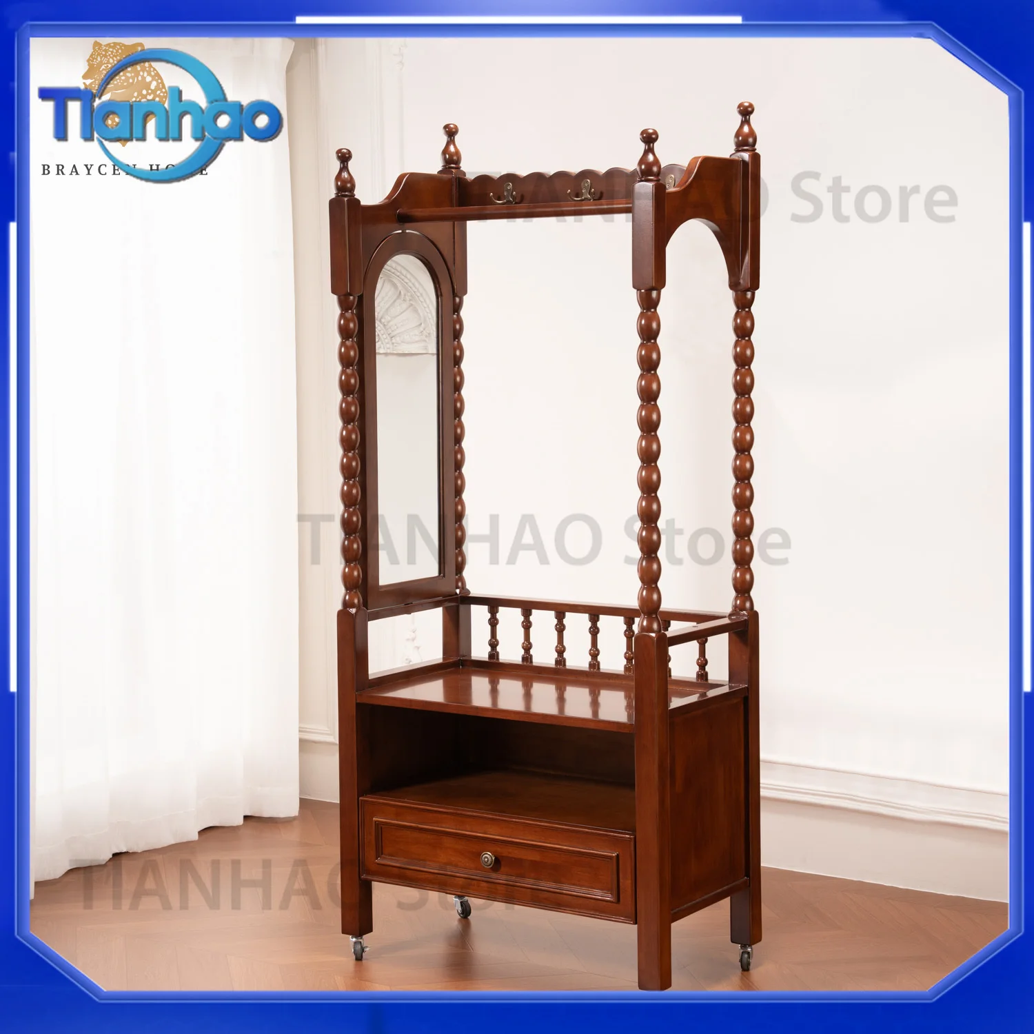 Vintage Solid Wood Clothes Hanger Stand with Storage Shelf Drawer for Bedroom Wardrobe Closet