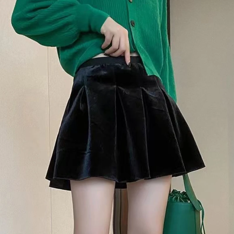 Black Velvet Pleated Skirts Women Vintage Elegant High Waist Autumn Winter Stylish Cute All-match French Street Feminine Skirt