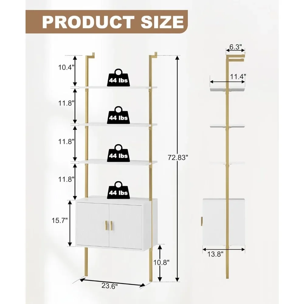 Ladder Bookshef with Cabinet, Wall Mounted Bookcases, 5 Tier Tall Open Display Rack, 73