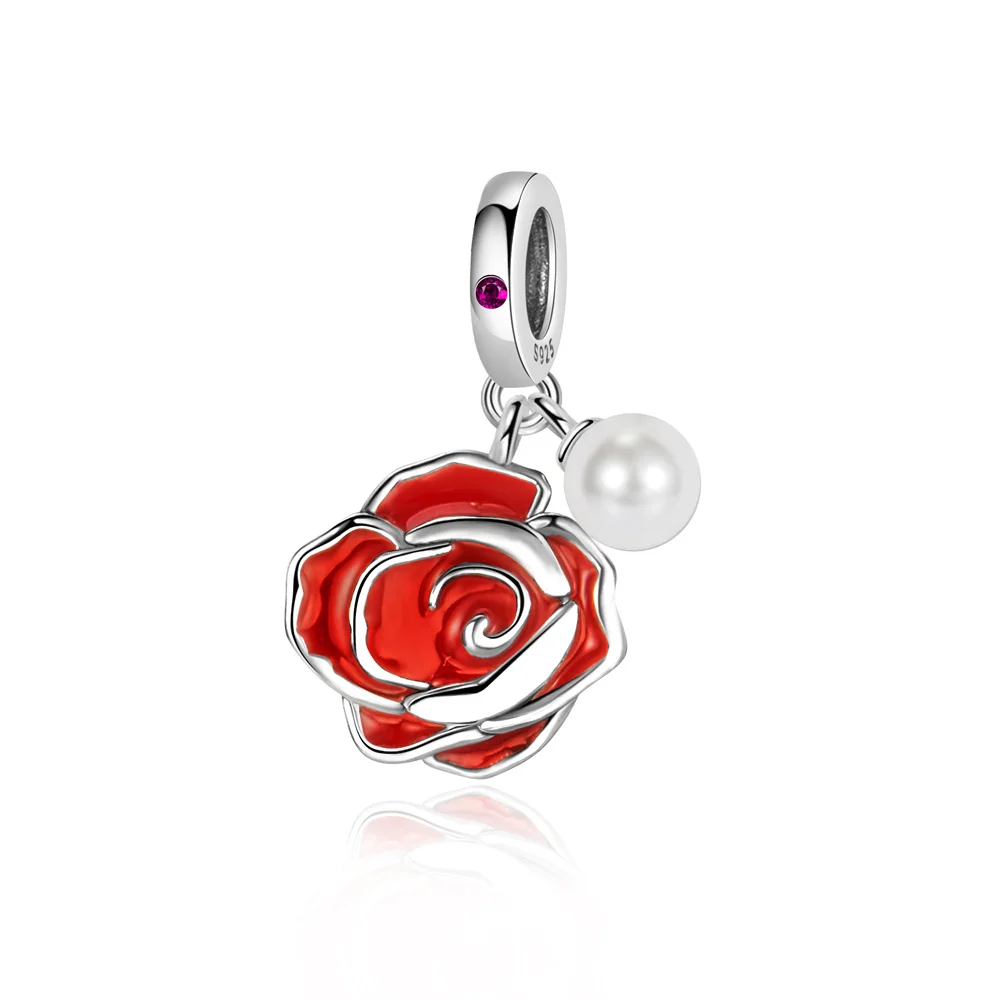

Pan Charms Original Red Rose & Pearl Dangle Charm Bracelet Pendant Jewelry