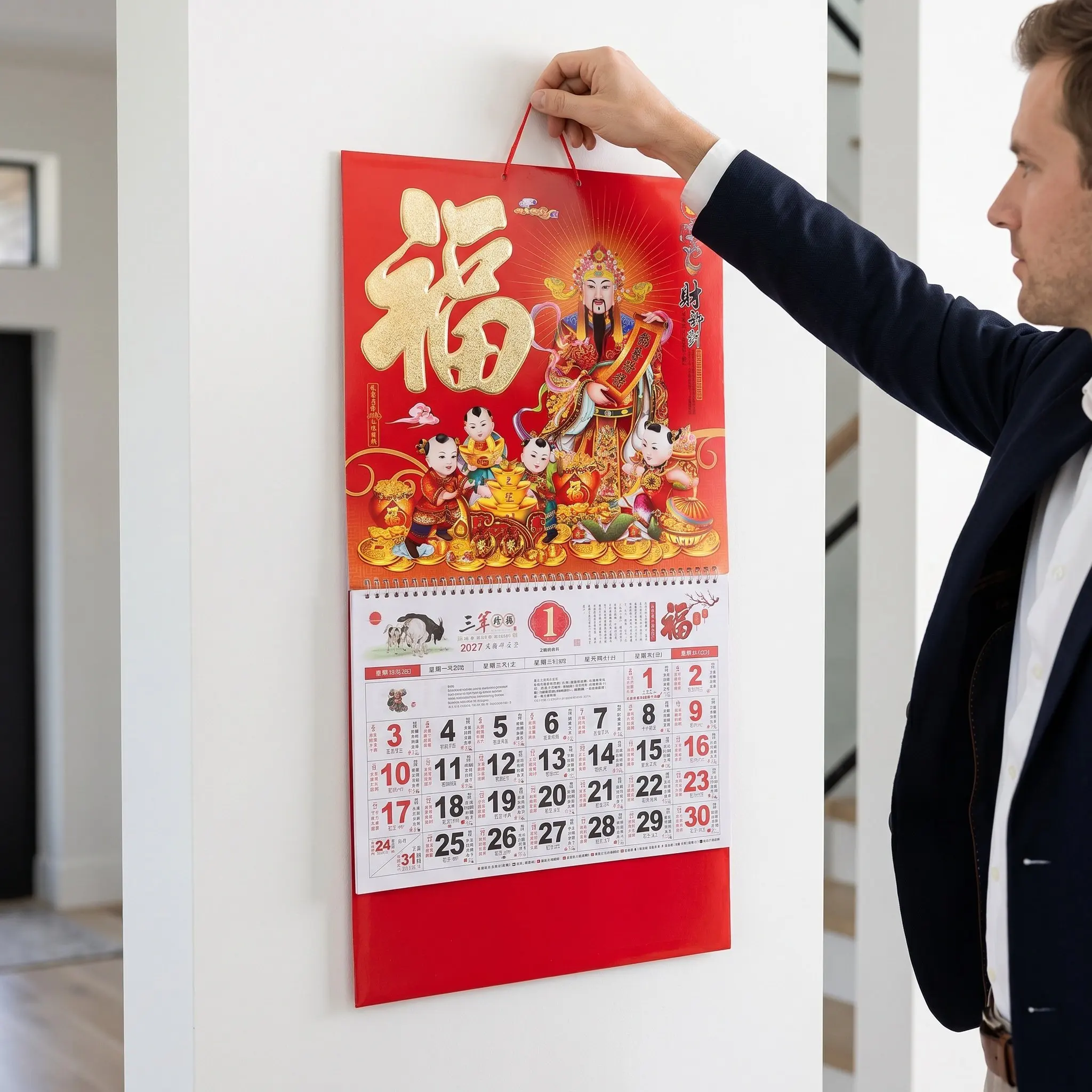 

2027 Year of The Sheep Hanging Calendar Feng Shui Monthly Planner Chinese Lunar Zodiac Wall Calendar Fu Symbol God of Wealth