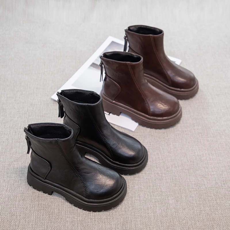 

Children's Single Boots 3-18 Years Old Brown Simple Boys Girls Leather Shoes Four Seasons Models Lightweight Non-slip Kids Boots