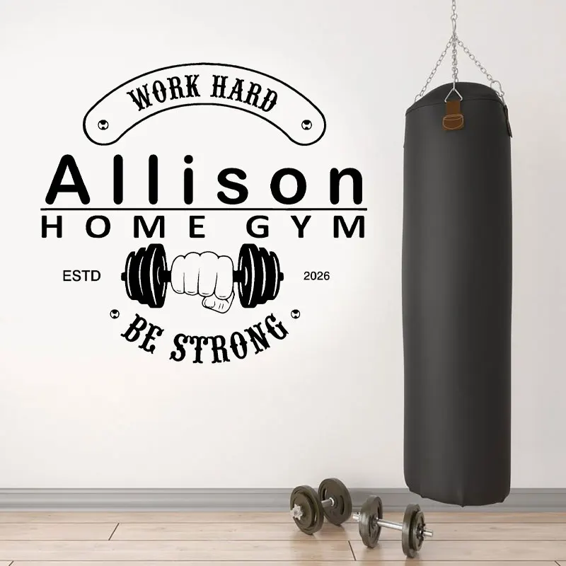 Personalized Name + Text + Established Year Wall Decal Gym Sticker Work Hard Be Strong Custom Home Gym and Fitness Center Q173