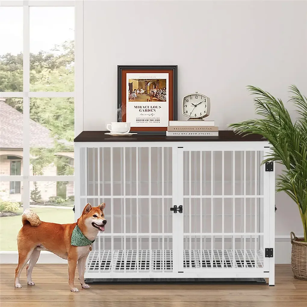 Heavy Duty Dog Kennels Metal Wooden Crate End Table Furniture Style Pet Cage with Three Doors and Removable Tray