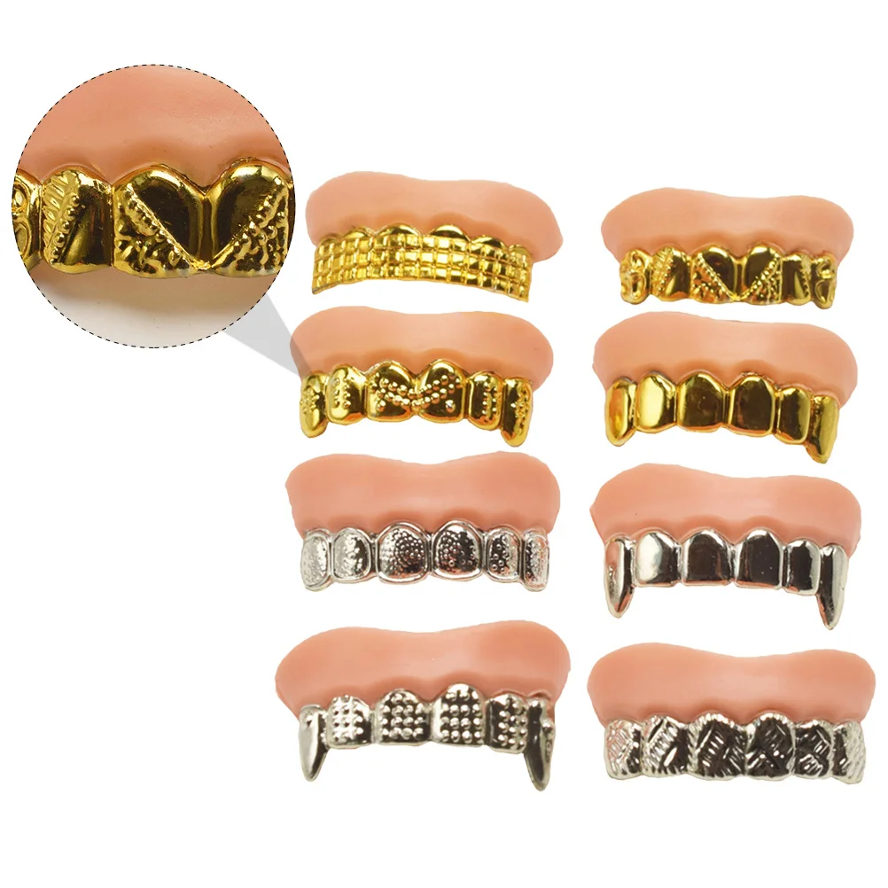 

8 Pcs Fake Teeth Props Shiny Metal Plated PVC Scary Halloween Party Costume Dance Accessories Fun Gift