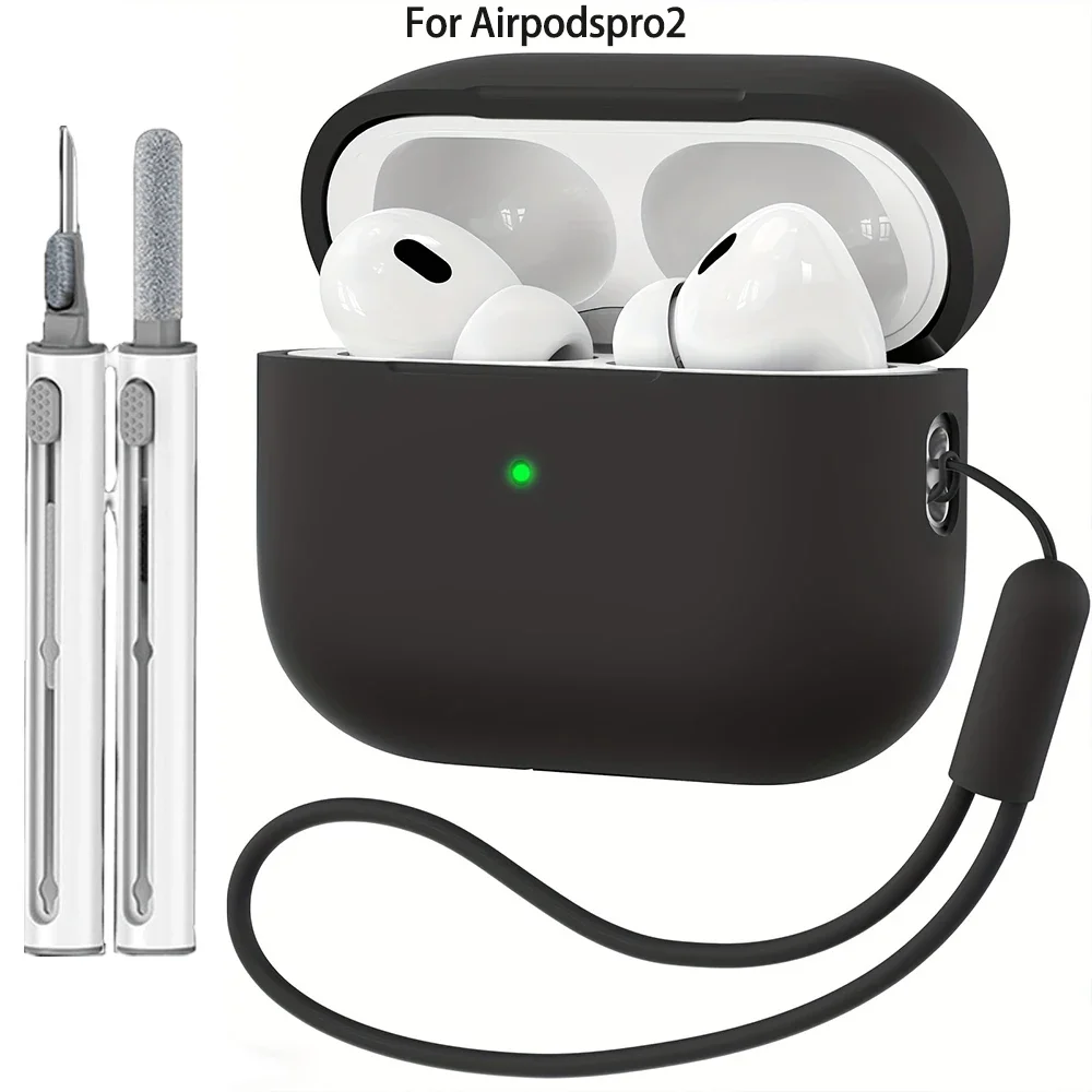 Für AirPods Pro 2 Silikonhülle mit Reinigungssets, einfarbige Abdeckungen für Apple AirPods Pro 2 Schutzhülle mit Lanyards