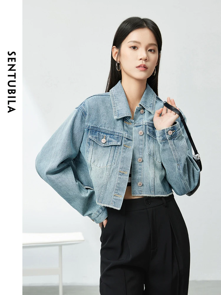 SENTUBILA 100% Cotton Washed Denim Jackets for Women 2024 Autumn Casual Loose Turn Down Collar Fashion Short Jacket W41W54341