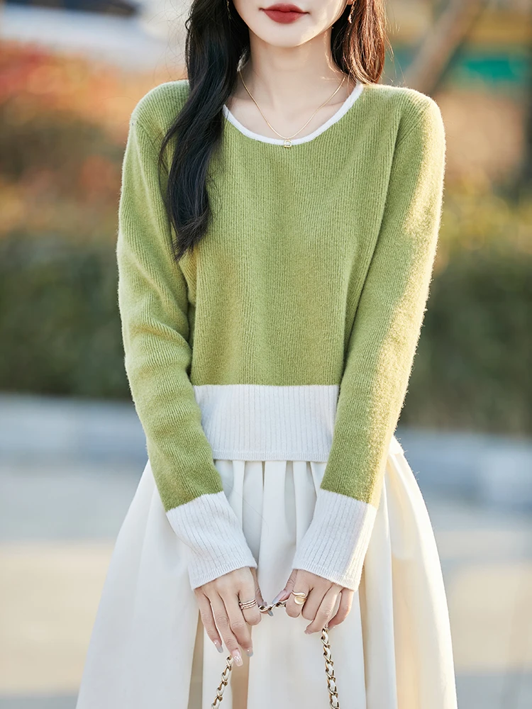 

Autumn and winter new color blocked wool sweater women's round neck knitted sweater temperament loose cashmere sweater base top