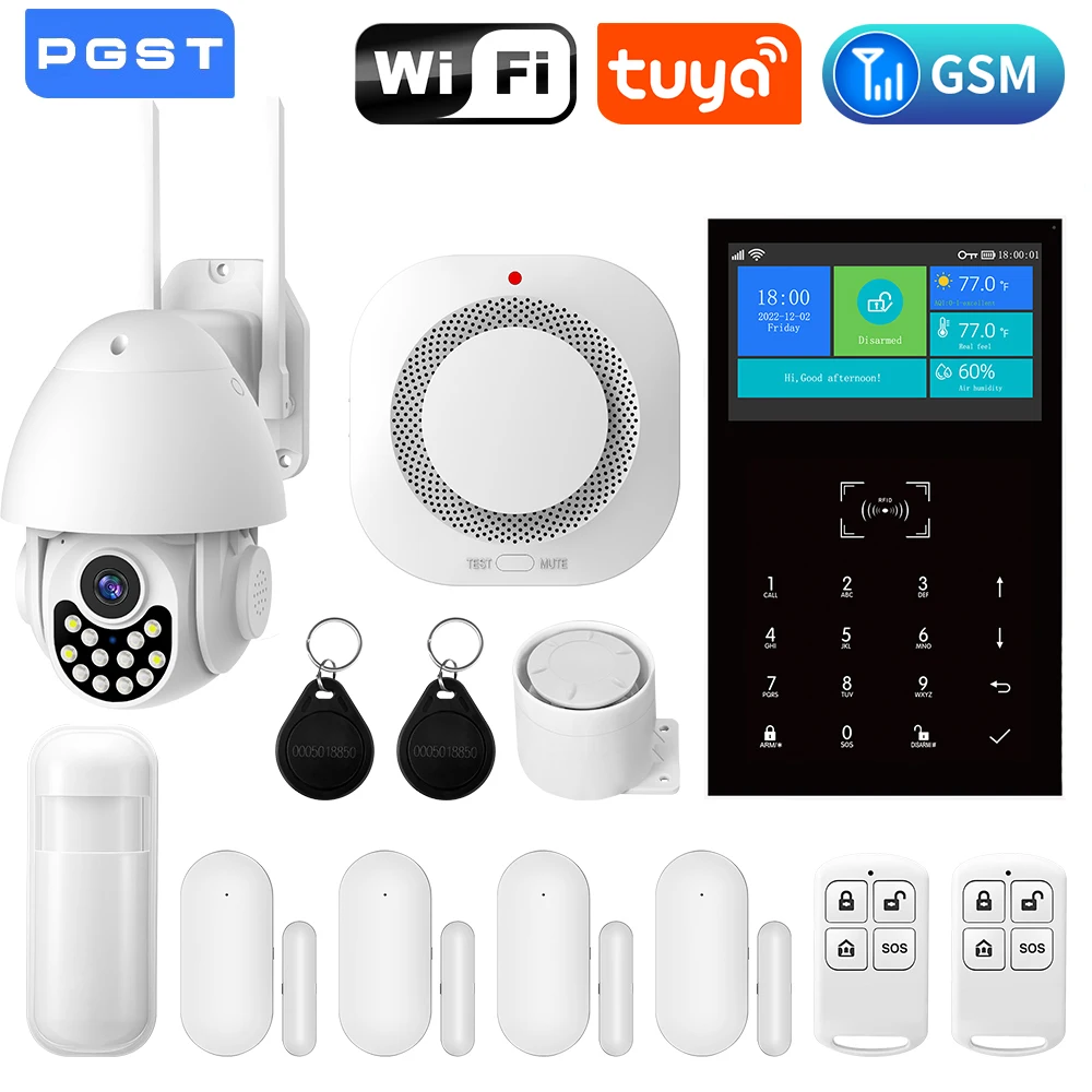

PGST PG109 WiFi GSM система сигнализации для дома с управлением через приложение Tuya Smart, беспроводная охранная сигнализация, совместима с Alexa.