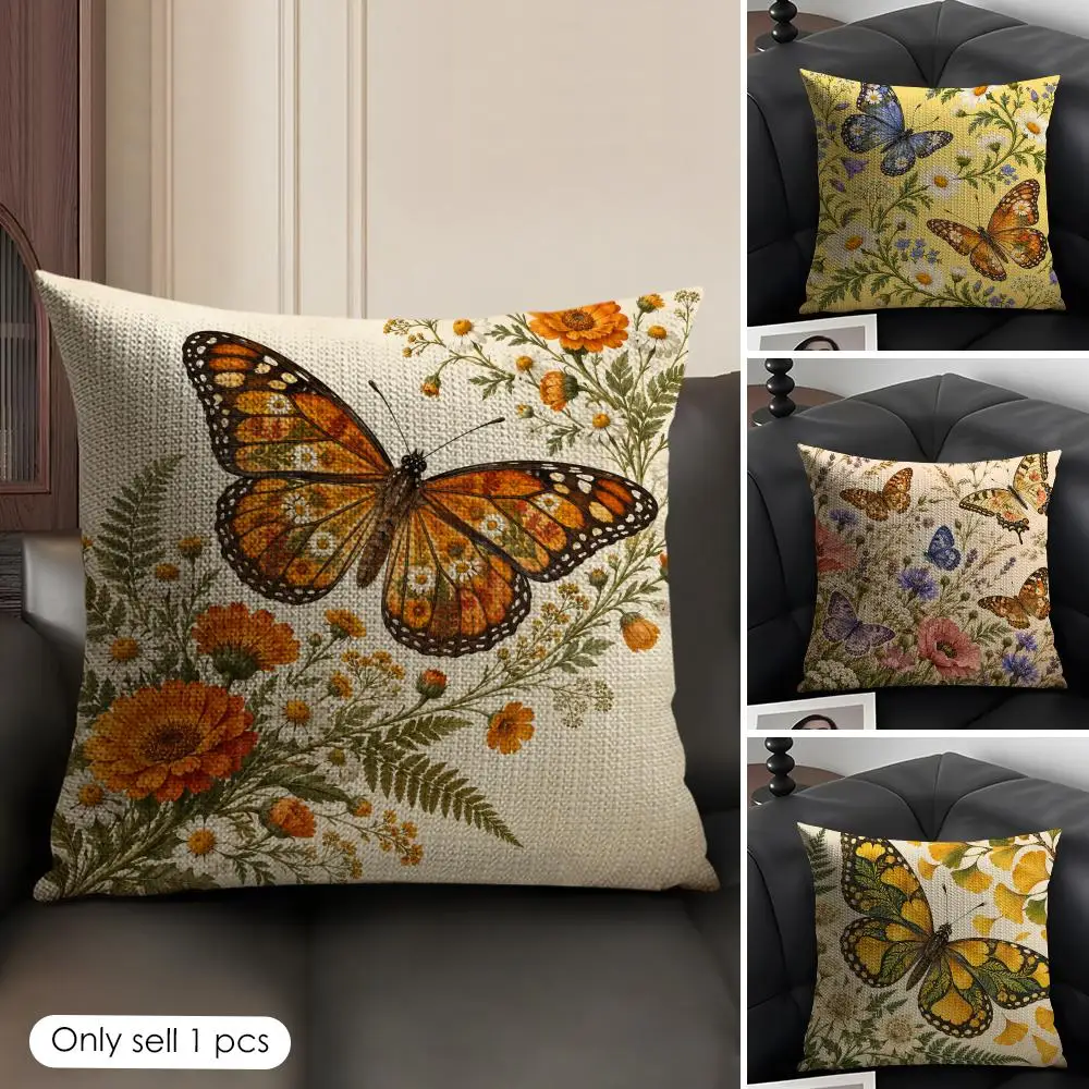 Monarch Butterfly Cushion Cover Skin-Friendly Organic Linen Pillow Cover Durable Hypoallergenic Washable Soft