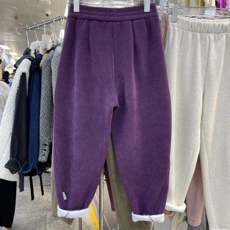 Womens Thickened Purple Tapered Sweatpants Fall Winter Loose Slim Look Ankle Length Casual Pants Trendy