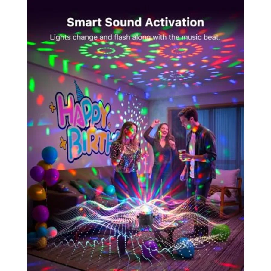 3 Pack RGB Disco Ball Lights with Sound Activation and 4.9ft Type C Cable Remote Control Strobe Lamp, 7 Projector Color Mode, f