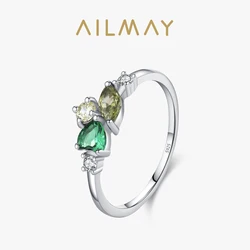 Ailmay 925 Sterling Silver Green Heart-Shaped Geometric Zircon Ring For Women Wedding Engagement Bridal Jewelry