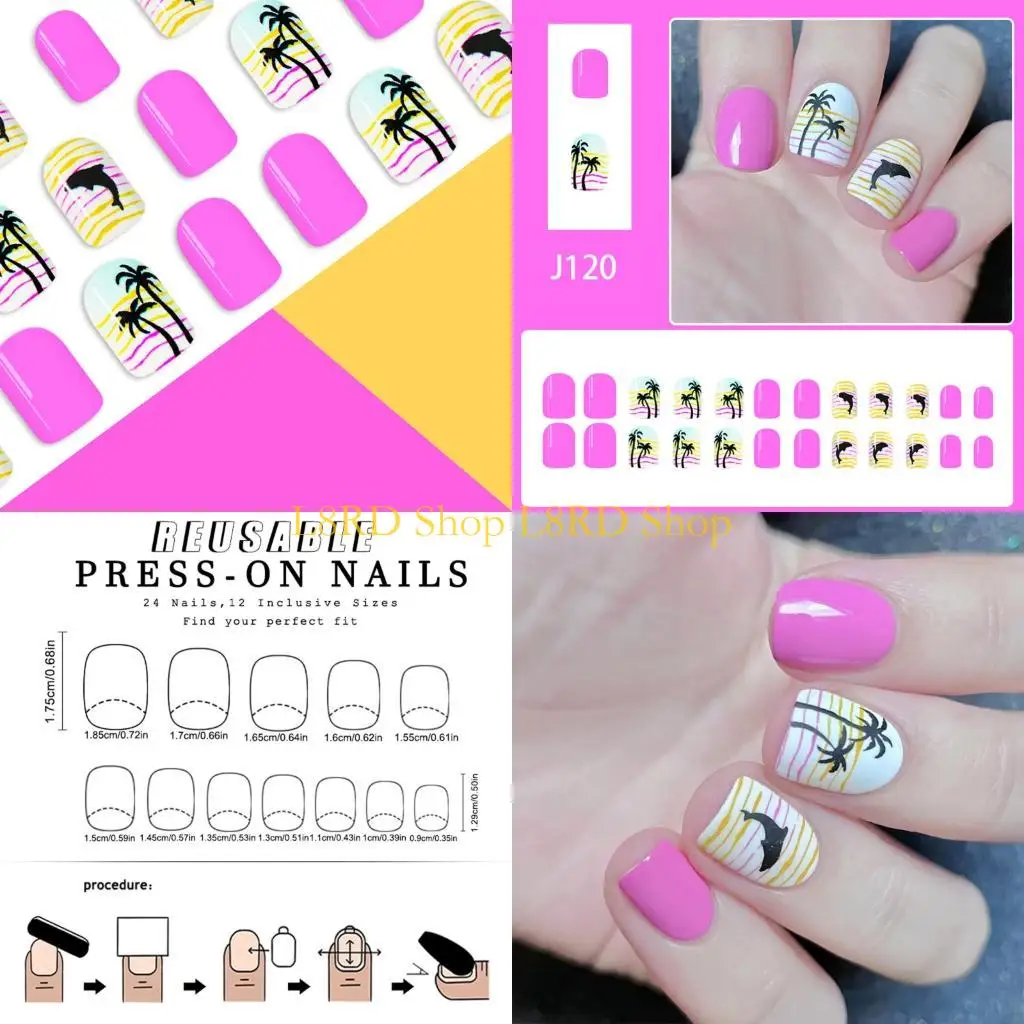 

L8RD 24 шт. глянцевые накладные ногти с полным покрытием короткие квадратные накладные ногти кокосовая пальма наклейка на ногти