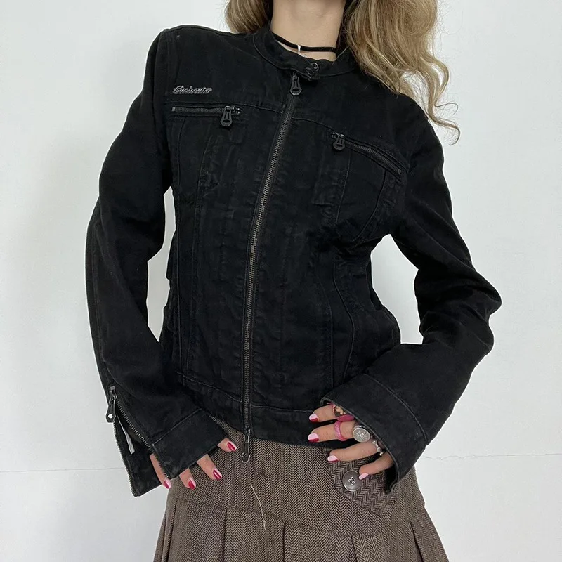 

Euramerican Vintage Stand Long Sleeve Zipper Denim Streetwears Y2k Aesthetic Fashion Punk Women Jackets Popular Cool Girl Coat