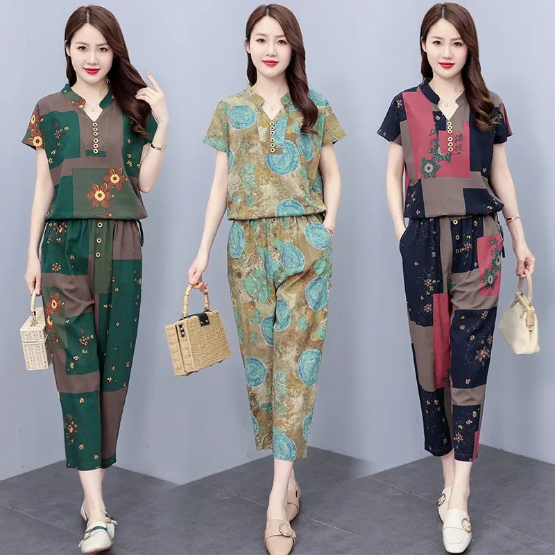 

Casual Cotton Linen Set Women's Summer New Faion Sli Loose Slimming ort Sve Set Tee Pieces Suit Commute Sle