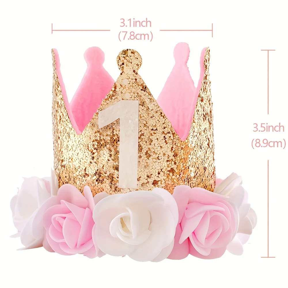 Baby Birthday Crown, Princess Crowns Tiara Girls Party Hat With Gold Glitter and Pink Roses for Birthday Party Decorations Gift