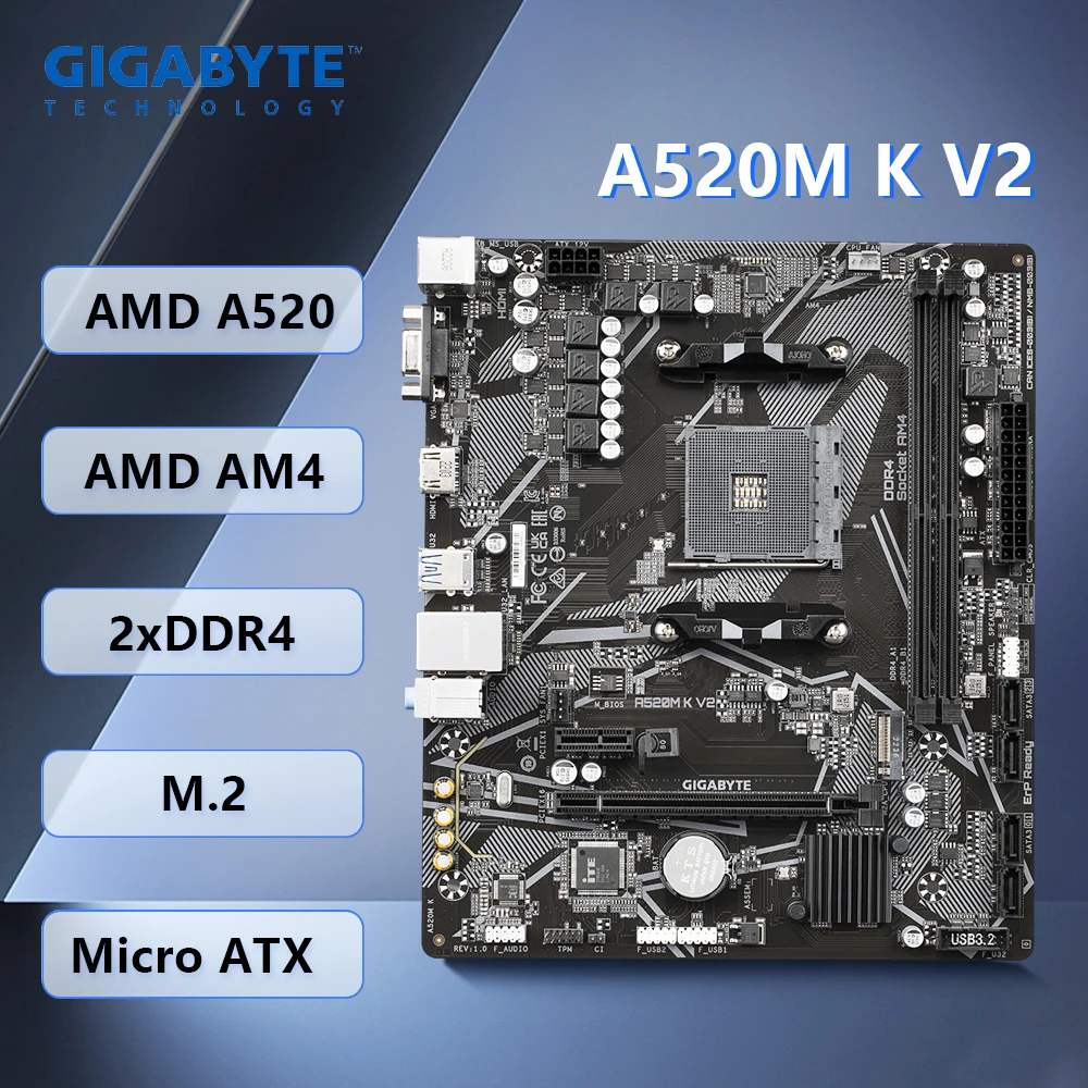 

GIGABYTE A520M K V2 Motherboard AMD A520 DDR4 64GB M.2 Micro ATX USB 3.2 support Ryzen 9 3900 4700G 3800X 5600 5500 cpu