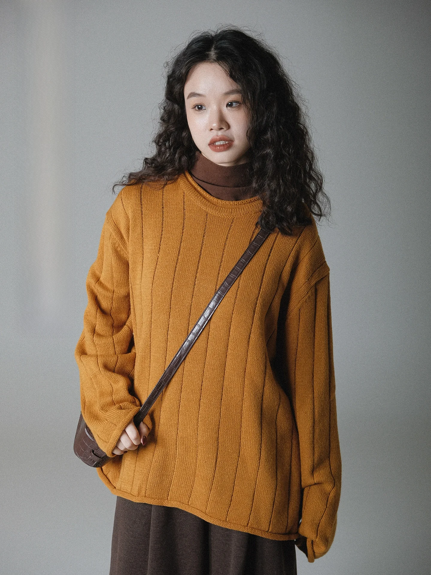 

Loose Knitted Wool Sweater round Ne Texture Lazy Sle Mid-Length Sve Long Women's Comfortable Fit Overhead Wool Blend