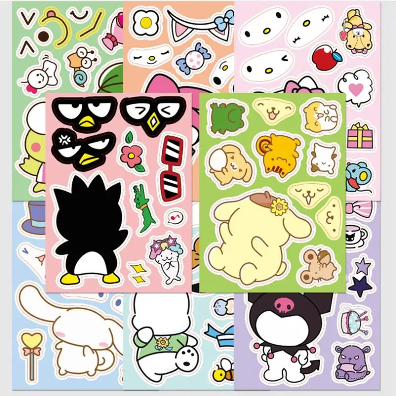 8Pcs Diy Creative Sanrios Face Changing Stickers Kawaii Hello Kitty Kuromi Pochacco My Melody Cartoon Puzzle Sticker Decal Toys