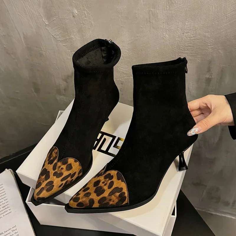 

New Autumn Fashion Boots Ladies Shoes Cowboy Boots High Thin Heels Women Shoes Leopard Print Double Fight Middle Follow 40