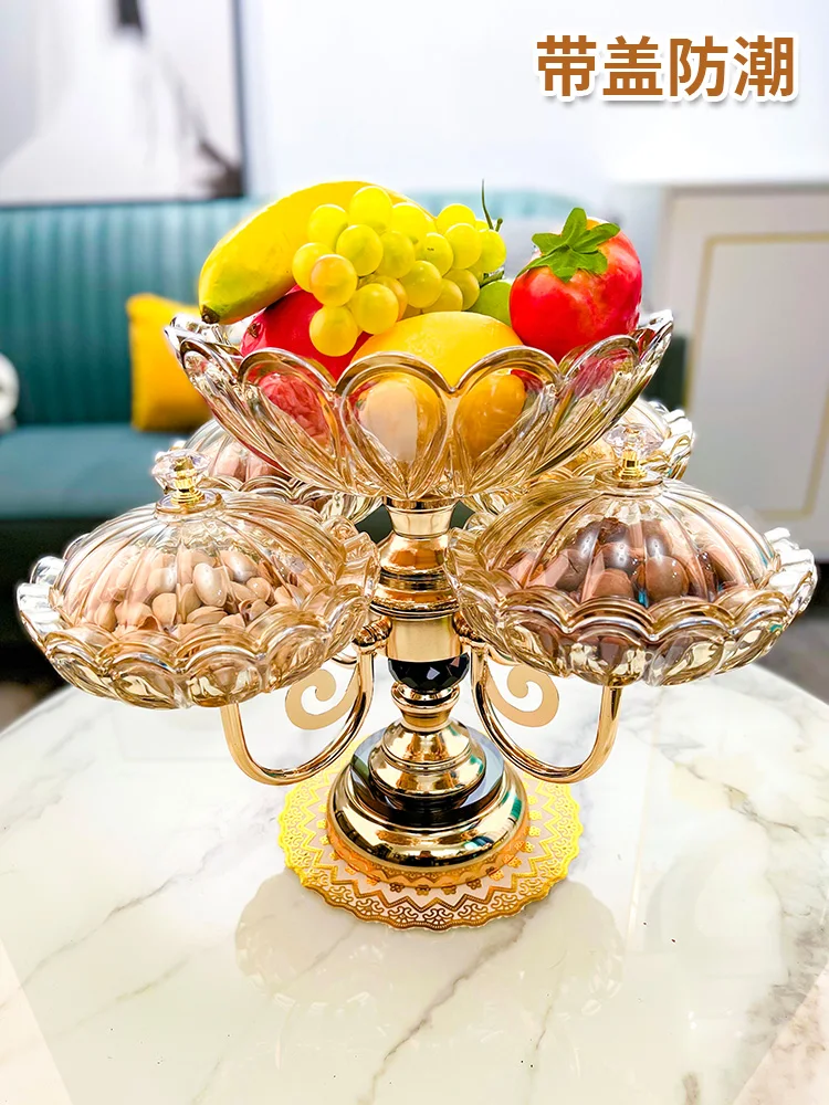 European Glass Fruit Plate Vintage Dessert Display Tray Party Treats Serving Platter with 5 Rotated Petal Porcelain Crystal Bowl