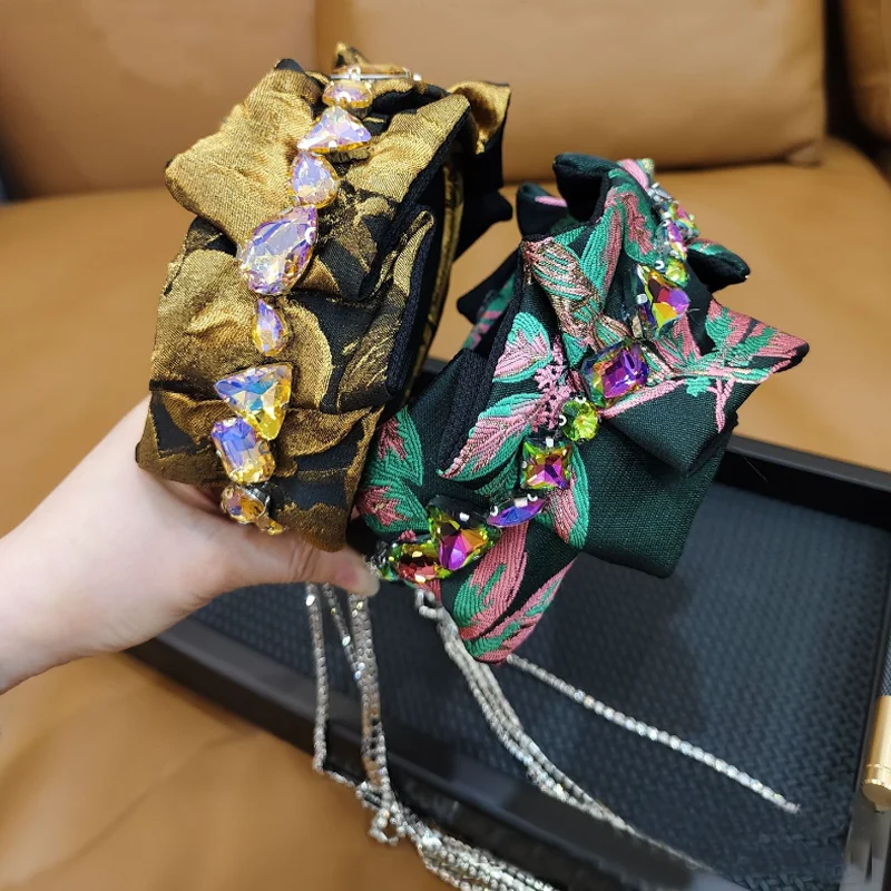 New Chinese Style Wide Edge Hairbands with Tassel Big Diamond Jacquard Embroidery Hair Hoop Headbands Women Hair Accessories
