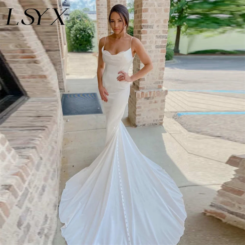 

LSYX Sweetheart Sleeveless Spaghetti Straps Crepe Mermaid Wedding Dress Lace Open Back Court Train Bridal Gown Custom Made