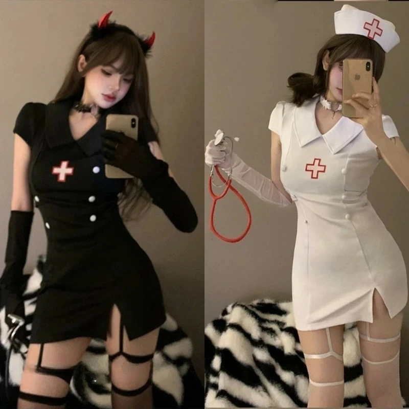 Dark Devil Halloween Cosplay Costume Sexy Devil Nurse Uniform Set Black White Women's Dresses For Halloween Role-playing Suits