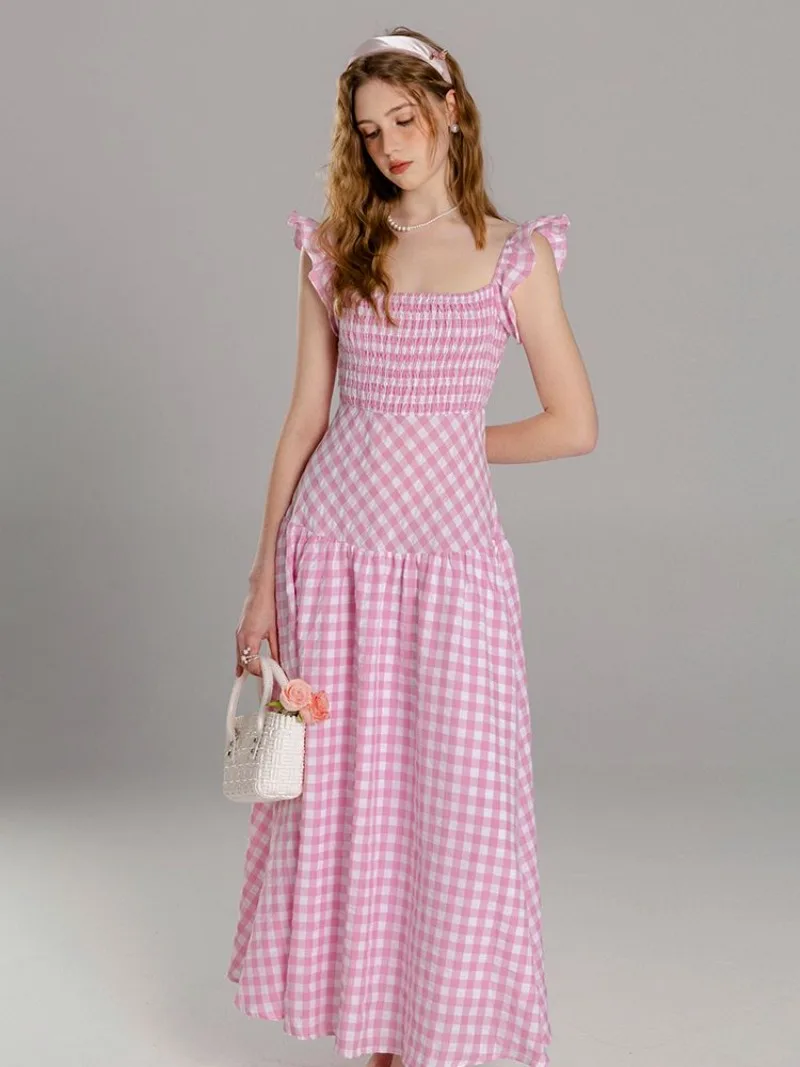 

2023 Summer French Retro Pink Checkered Flying Sleeves Waist Wrap Dress Design Feeling Girl Style Dress Female Clothing