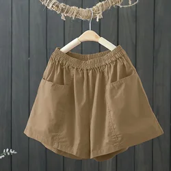 Calção fina de algodão feminina, cintura elástica, solta, cáqui, preto, branco, calça curta casual com bolsos, verão