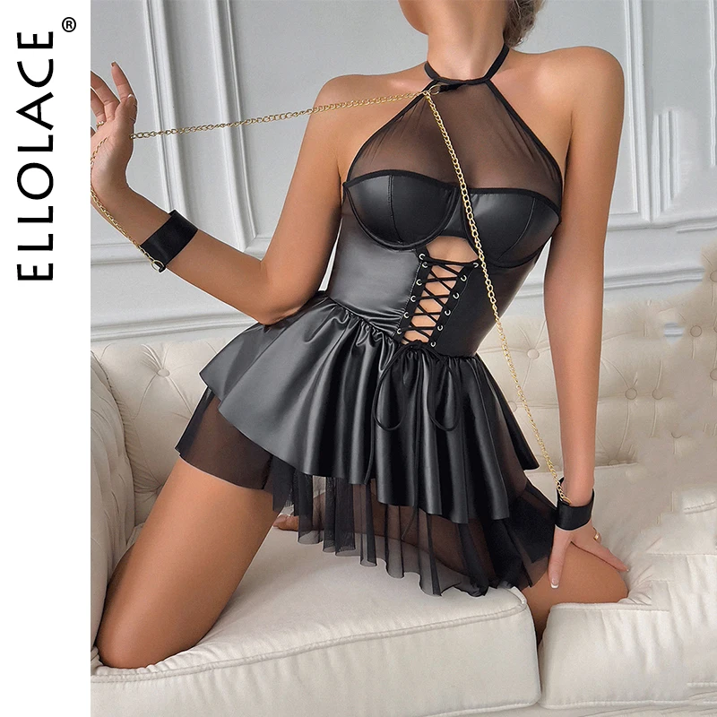 

Ellolace Porno Sexy Lingerie Seductive Mini Dress Thong 2PC Set Fetish Splicing Leather Crotchless Woman Clothing