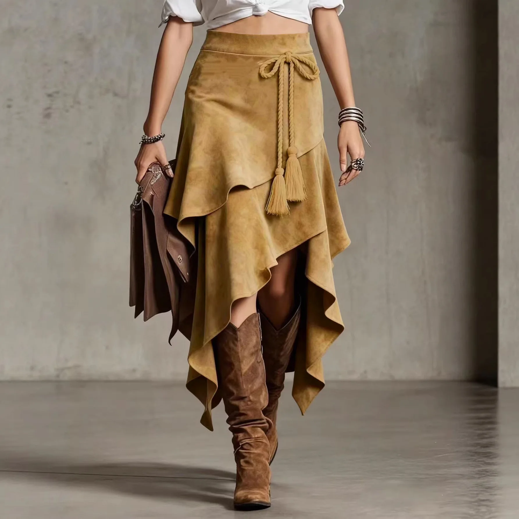 European and American retro western style irregular design suede skirt solid color skirt