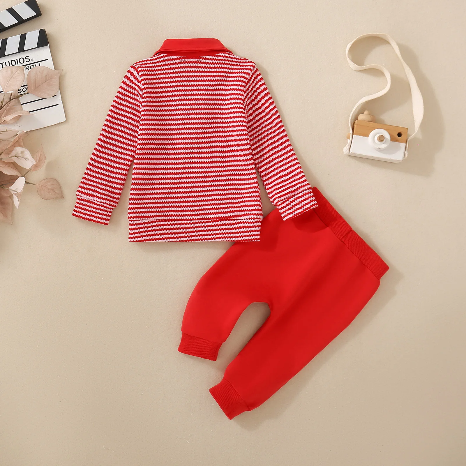 Autumn Unisex Infant Waffle Striped Heart, Clover Embroidered Top and Solid Trousers Two-piece Set