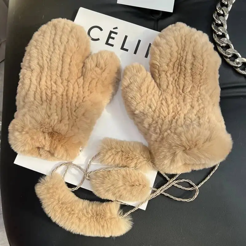 レックスラビットファーグローブ-冬用暖かい防風ファーグローブ-本物の毛皮ミトン-レディース-ハンドメイドニットファーミトン-アウトドアファーグローブ