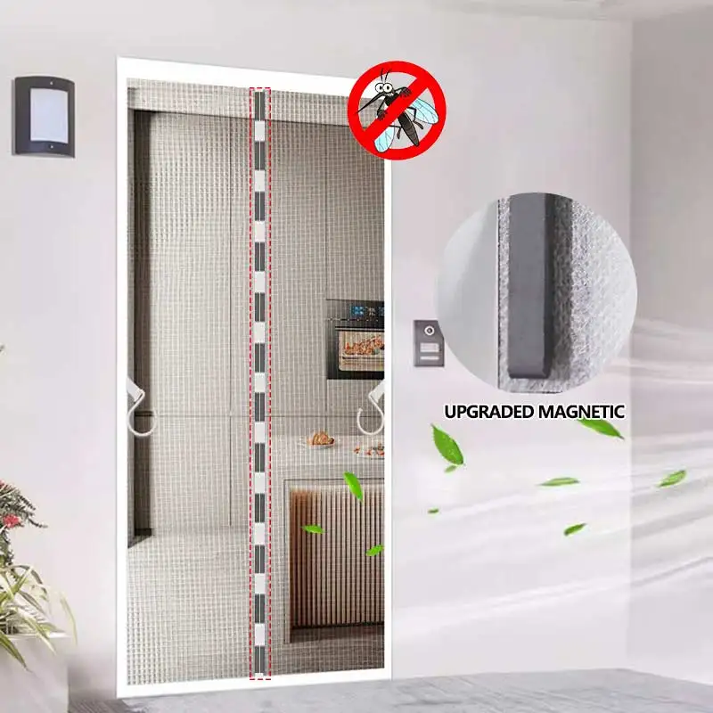 Cortina magnética mejorada con encriptación para puertas, a prueba de mosquitos e insectos para el verano, borde blanco en forma de diamante, sin necesidad de perforaciones.
