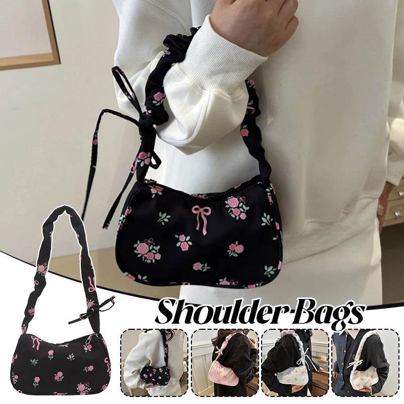 

Floral Bow Shoulder Bag for Women - Vintage Canvas Pleated Purse, Drawstring Underarm Handbag with Aesthetic Design Fashion