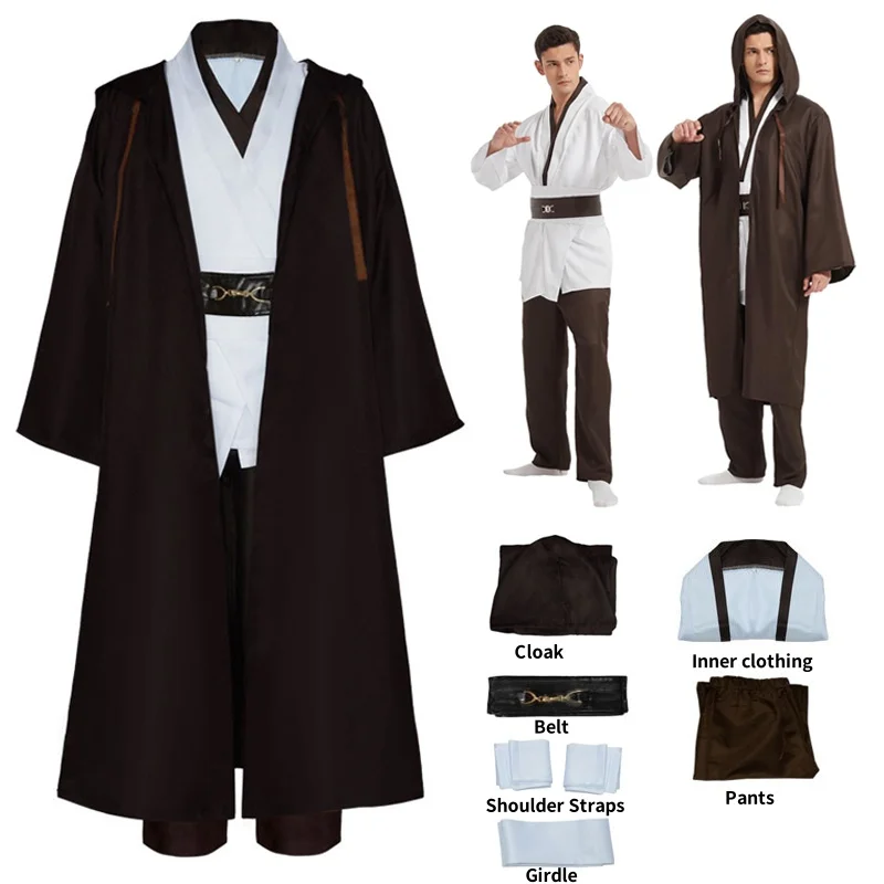 Realistic Jedi Costume Obi-Wan Kenobi Adult Cosplay Jedi Warrior Cosplay Hooded Cloak Clothing Suit Halloween Party Costumes