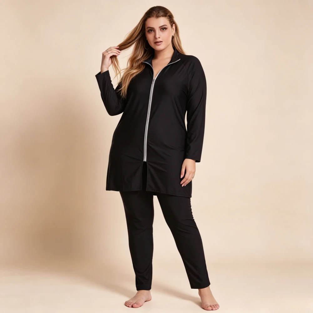 Plus Size Women 3PCS Burkini Swimwear Stand Collar Full Zip Long Sleeve Tunic Top Full Length Pants  Muslim Black Bathing Suit