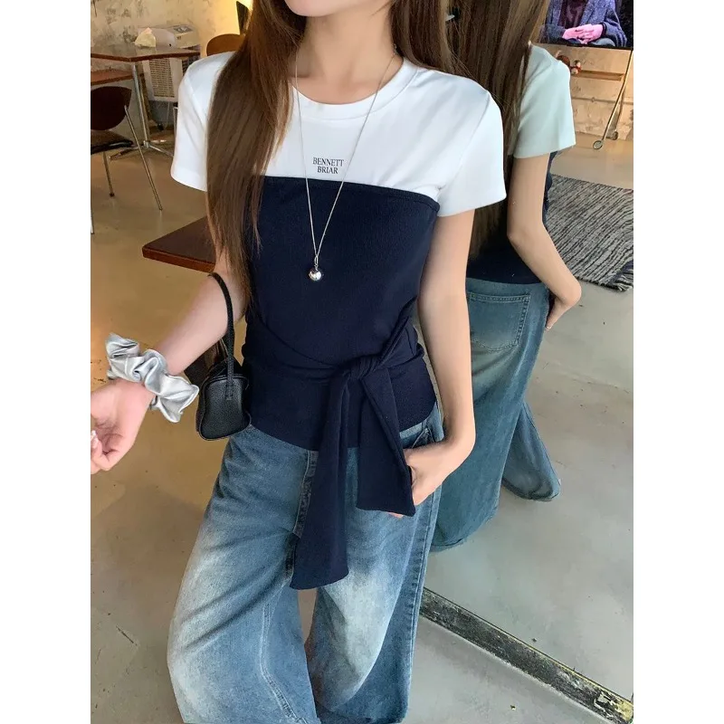Women Color Block Short Sleeve T Shirt Crew Neck Tie Waist Slim Fit Casual Tee