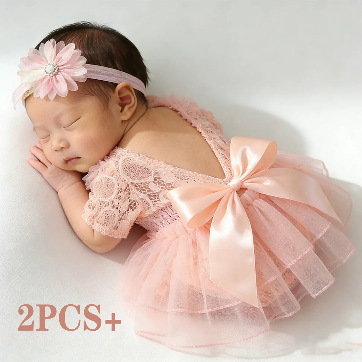 2pcs Newborn Lace Romper with Pearl Headband Infant Photo Props Newborn Girl Photo Shooting Outfits Baby Girl Big Bow Romper
